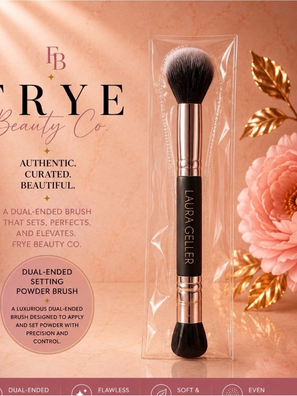 Laura Geller Dual-Ended Powder Brush — Black Handle with Rose Gold Ferrules